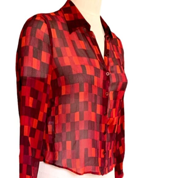 Jones New York Sheer Silk Button Up Blouse Sz 6 Burgundy Multicolor #27M - Picture 3 of 8